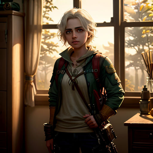 a woman standing in front of a window holding a gun and a camera in her hand and a window behind her