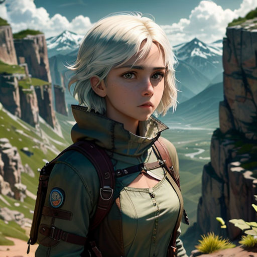 a woman with white hair and a backpack standing in front of a mountain range with a valley in the background
