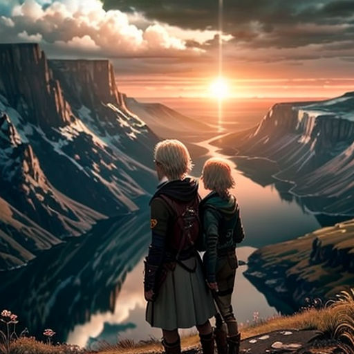 two people standing on a hill looking at the sunset over a mountain range with a lake below them and mountains in the distance