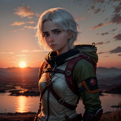 a woman standing in front of a sunset with a backpack on her shoulder and a backpack on her shoulder