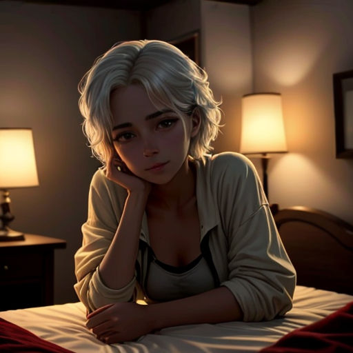 a woman sitting on a bed in a bedroom with a lamp on the side of the bed and a lamp on the side of the bed