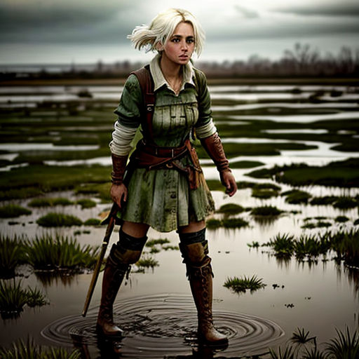 a woman in a green dress standing in a puddle of water with a gun in her hand and a hat on her head