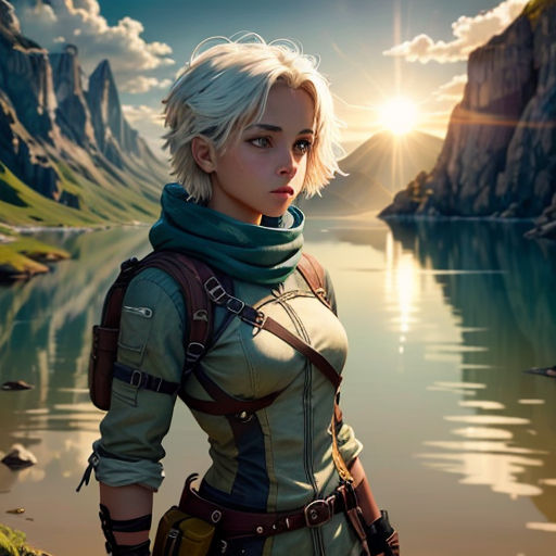 a woman standing next to a lake with mountains in the background and a sky background with clouds and sun