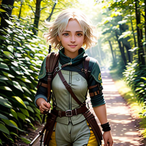 a woman in a costume walking down a path in the woods with a backpack on her back and a backpack on her shoulder