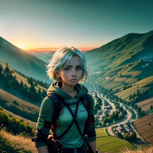 a woman standing in a field with a mountain view in the background and a sunset in the background, with a road and a valley in the foreground