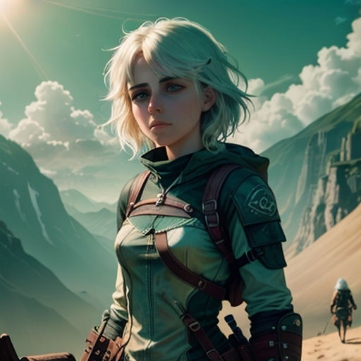 a woman in a green outfit standing in front of a mountain range with a gun in her hand and a man in the background