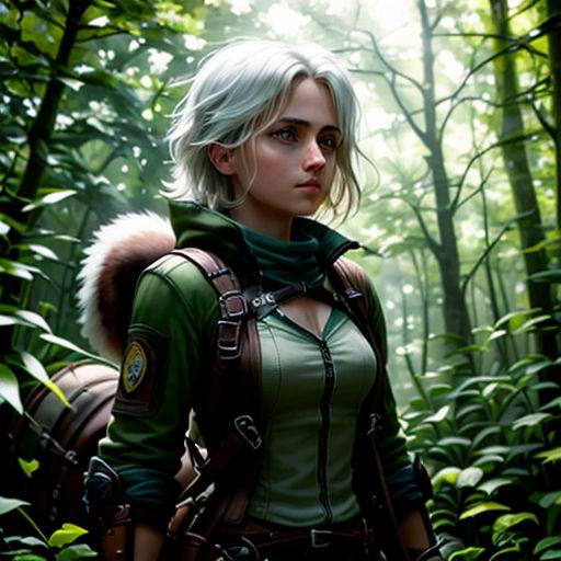 a woman in a green outfit standing in a forest with a horse behind her and a forest background with trees