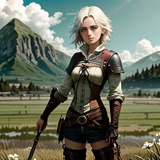 a woman in a field with a sword and a mountain in the background with clouds and flowers in the foreground