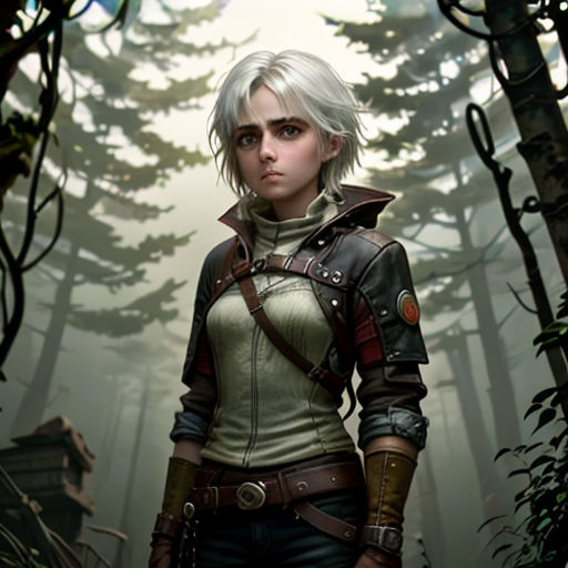 a woman in a forest with a gun in her hand and a bird in her hand, with a forest background