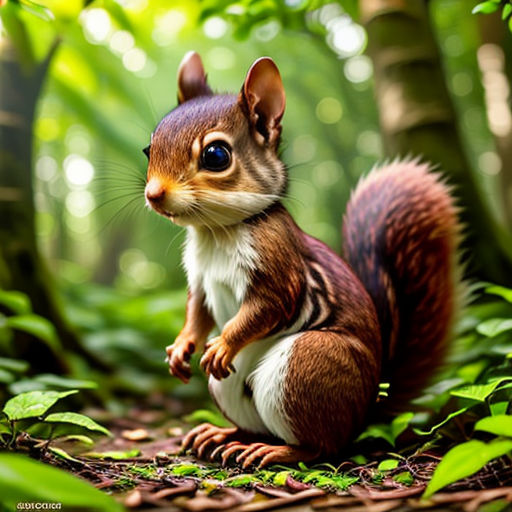 a small squirrel is standing on its hind legs in the woods with green leaves and grass around it, and a blue - eyed eye is looking at the camera