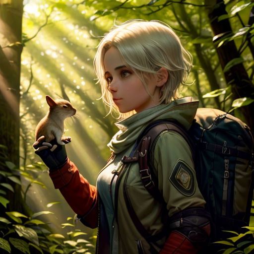 a woman holding a squirrel in a forest with sunlight streaming through the trees behind her and a cat in her hand