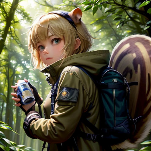 a girl with a backpack and a backpack in the woods with a squirrel on her back and a squirrel on her shoulder