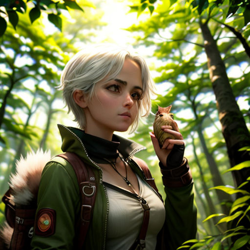 a woman holding a cat in a forest with trees in the background and sunlight shining through the trees behind her