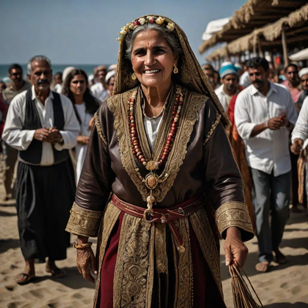 a woman in a traditional costume walking on the beach with people in the background and a man in a white shirt and tie, hurufiyya, a character portrait, Ayshia Taşkın, promotional image