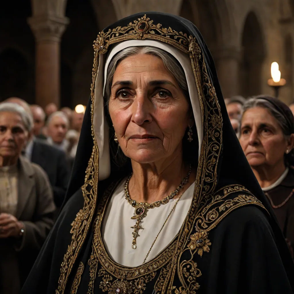 a woman in a nun outfit standing in a crowd of people in a church with a nun in the background, dau-al-set, a character portrait, Eva Gonzalès, promotional image
