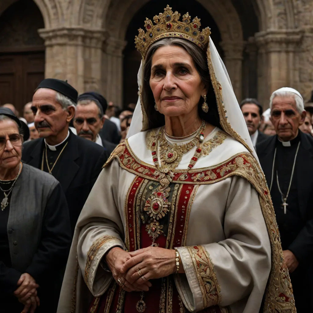 a woman in a white and red dress and a crown and a group of people in black and white, incoherents, a character portrait, Eva Gonzalès, vfx