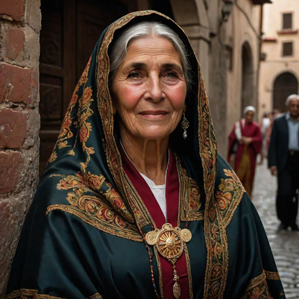 a woman in a green and gold dress and a man in a suit and tie walking down a street, magical realism, a character portrait, Bracha L. Ettinger, cinematic photography
