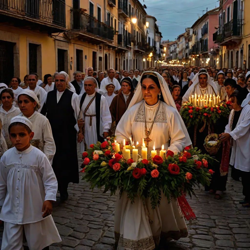 a woman in a white dress and a bunch of people in white dresses and some candles in her hands, magical realism, a colorized photo, El Greco, award-winning photograph