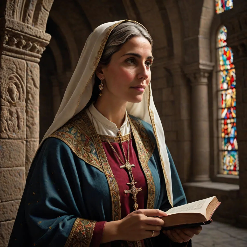 a woman in a blue and red outfit holding a book in a church with stained glass windows behind her, gothic art, a character portrait, Araceli Gilbert, promotional image