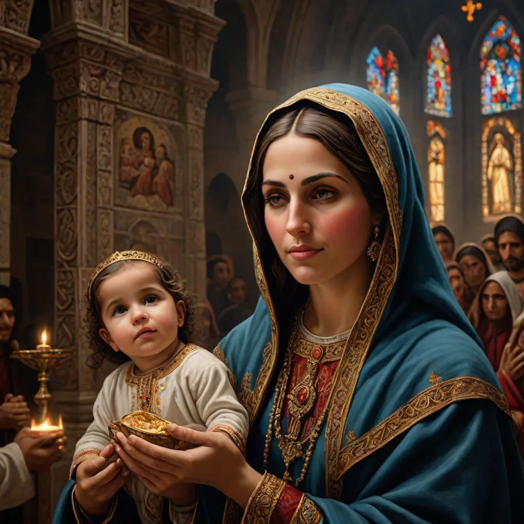 a painting of a woman holding a child in a church with candles in her hands and a man in the background, qajar art, a painting, Donato Giancola, highly detailed digital painting