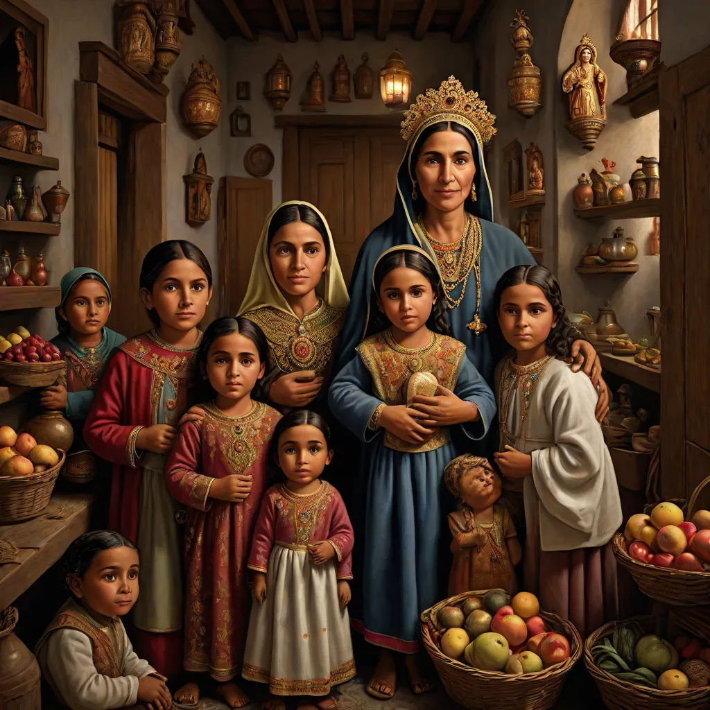 a painting of a woman surrounded by children in a kitchen with fruit and vegetables in baskets and baskets of fruit, qajar art, a detailed painting, Donato Giancola, highly detailed digital painting