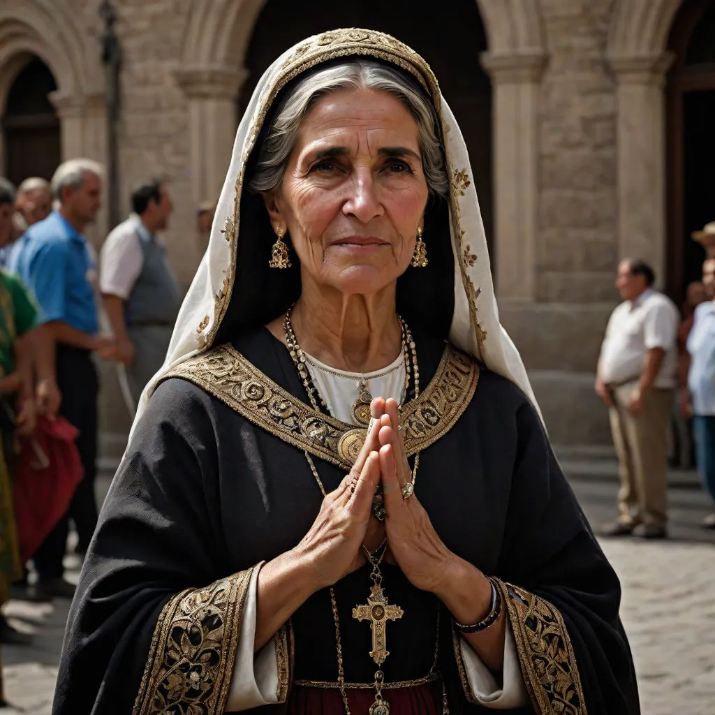 a woman in a black and gold outfit with a cross on her chest and hands folded in prayer in front of a crowd of people, antipodeans, a character portrait, Eva Gonzalès, promotional image