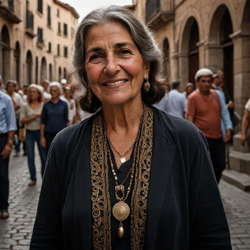 a woman standing in a street with a group of people walking by her on a brick sidewalk with a building in the background, magical realism, a character portrait, Eva Gonzalès, olive skin