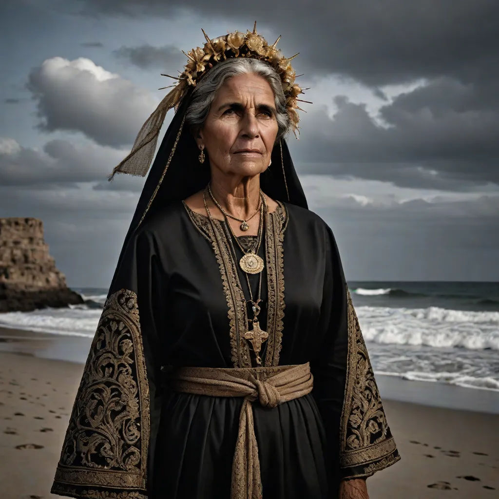 a woman in a black dress standing on a beach next to the ocean with a crown on her head, gothic art, a character portrait, Araceli Gilbert, promotional image