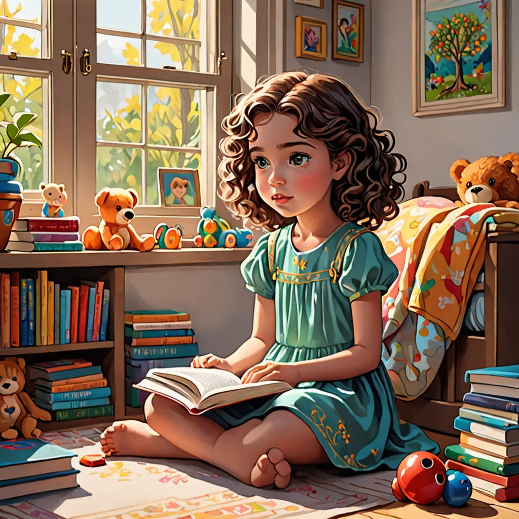 a painting of a girl sitting on the floor reading a book in a room with a teddy bear and a window, american scene painting, a storybook illustration, Chris LaBrooy, storybook illustration