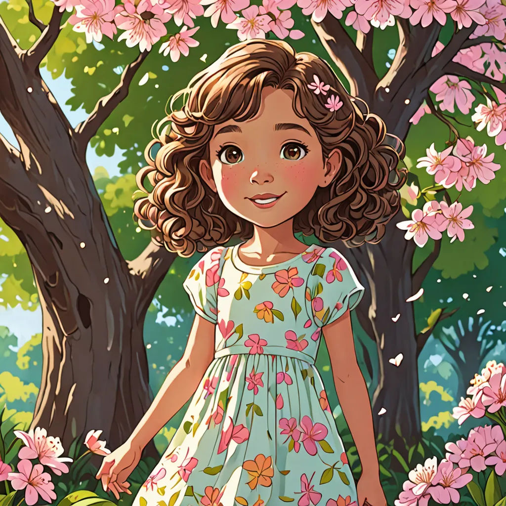 a little girl standing in a field of flowers next to a tree with pink flowers on it and a green background, fantasy art, a storybook illustration, Clarice Beckett, storybook illustration