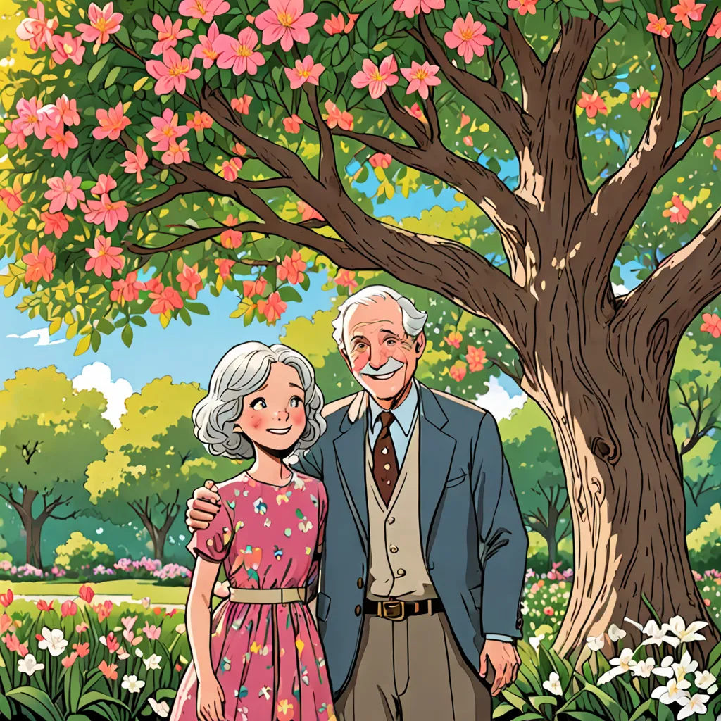 a man and woman standing under a tree in a park with flowers on it and a dog in the grass, american impressionism, a storybook illustration, Cliff Childs, official art