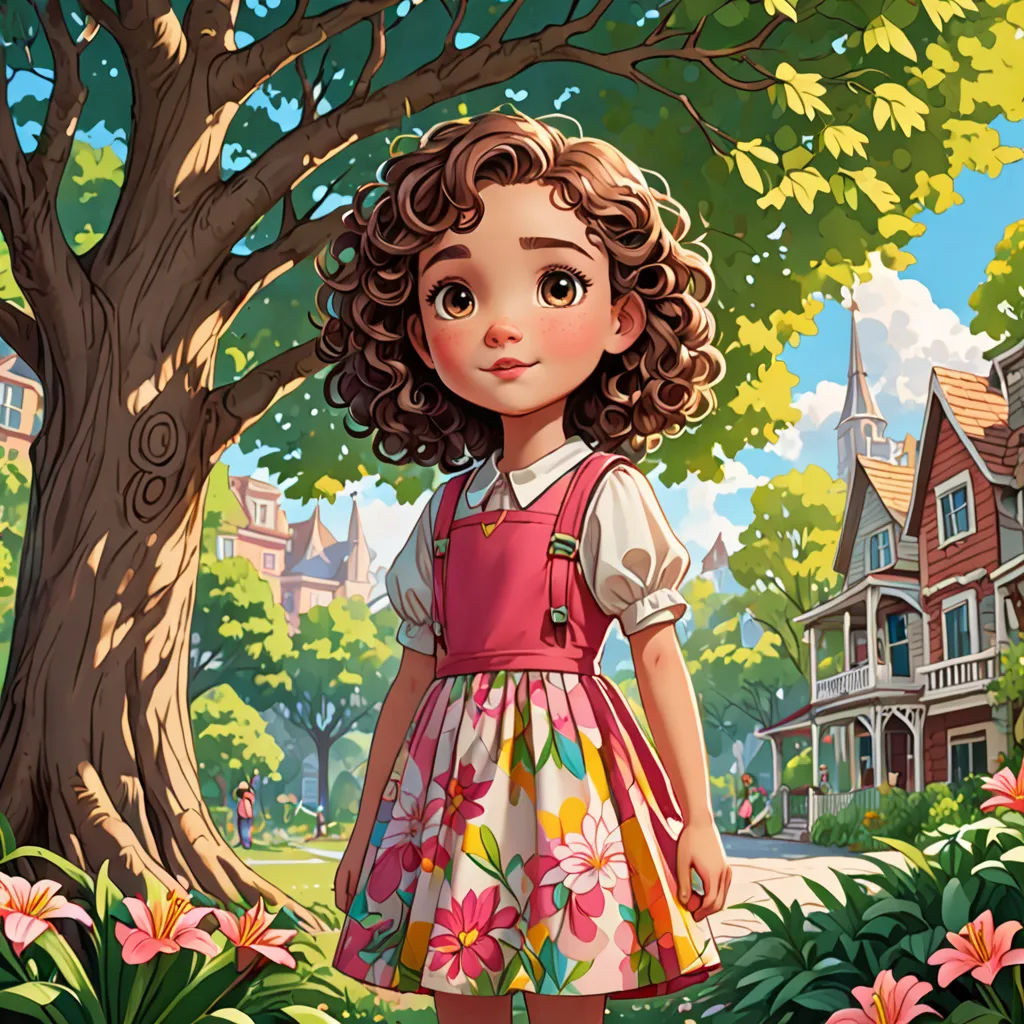 a painting of a girl in a dress standing in front of a tree and flowers in a park with a house in the background, american scene painting, a storybook illustration, Alice Prin, trending on art station