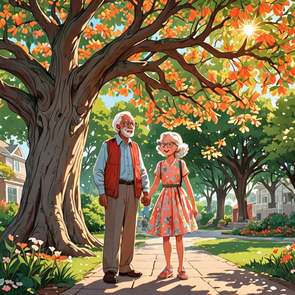 a man and a woman standing under a tree in a park with a dog on a leash on a leash, american scene painting, a storybook illustration, Cliff Childs, rossdraws global illumination