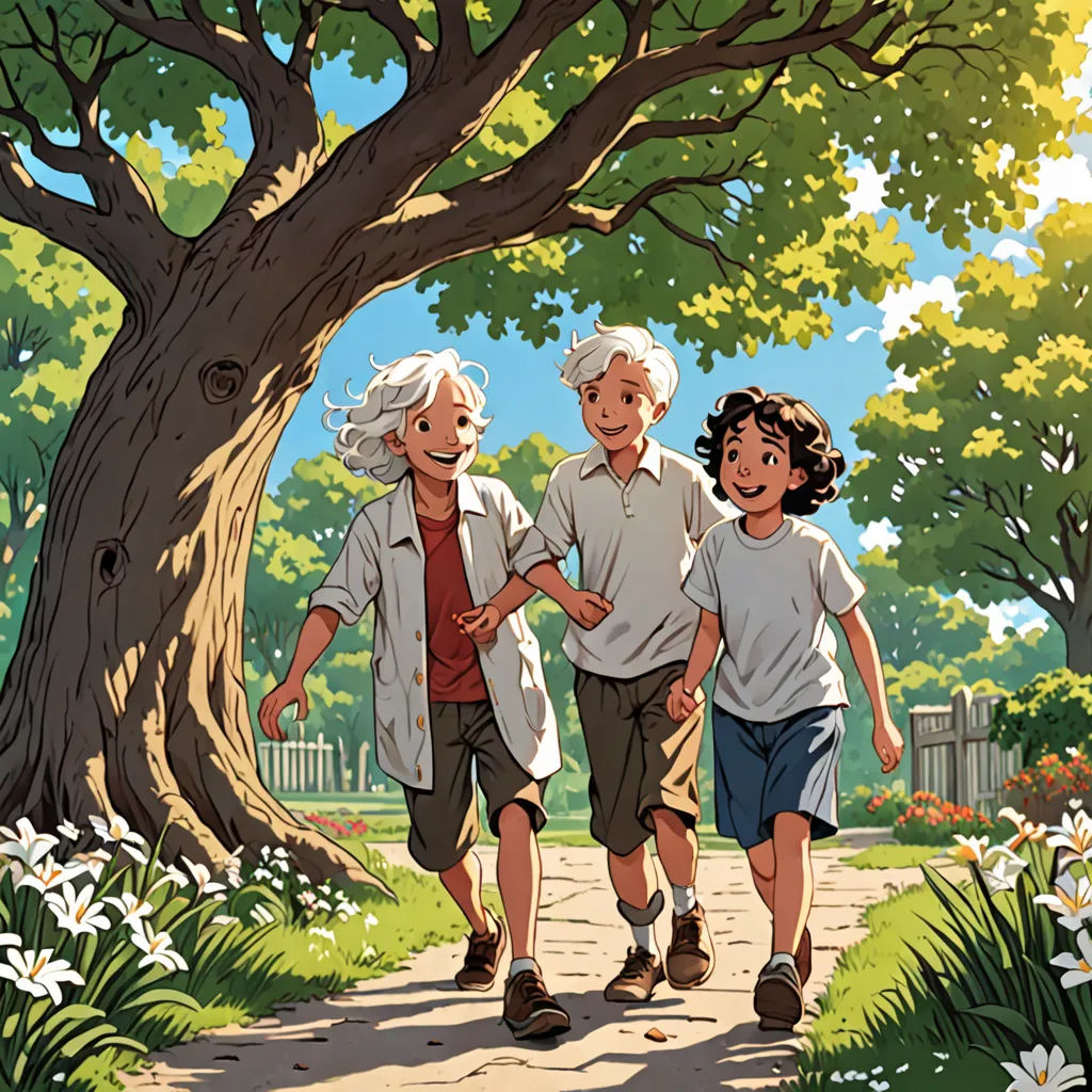a group of children walking down a path next to a tree and flowers on a sunny day with a fence in the background, american scene painting, a comic book panel, Brothers Hildebrandt, official art