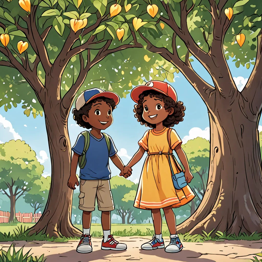 a couple of kids standing next to each other under a tree holding hands and smiling at each other with a basket of apples in the background, serial art, a storybook illustration, Felix-Kelly, comic cover art