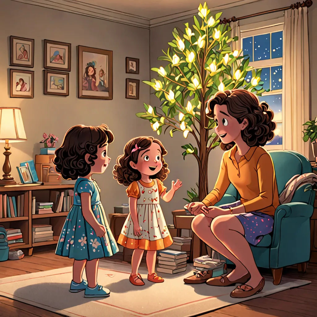 a woman and two little girls are talking in a living room with a christmas tree in the corner of the room, magical realism, a storybook illustration, Clarice Beckett, official art