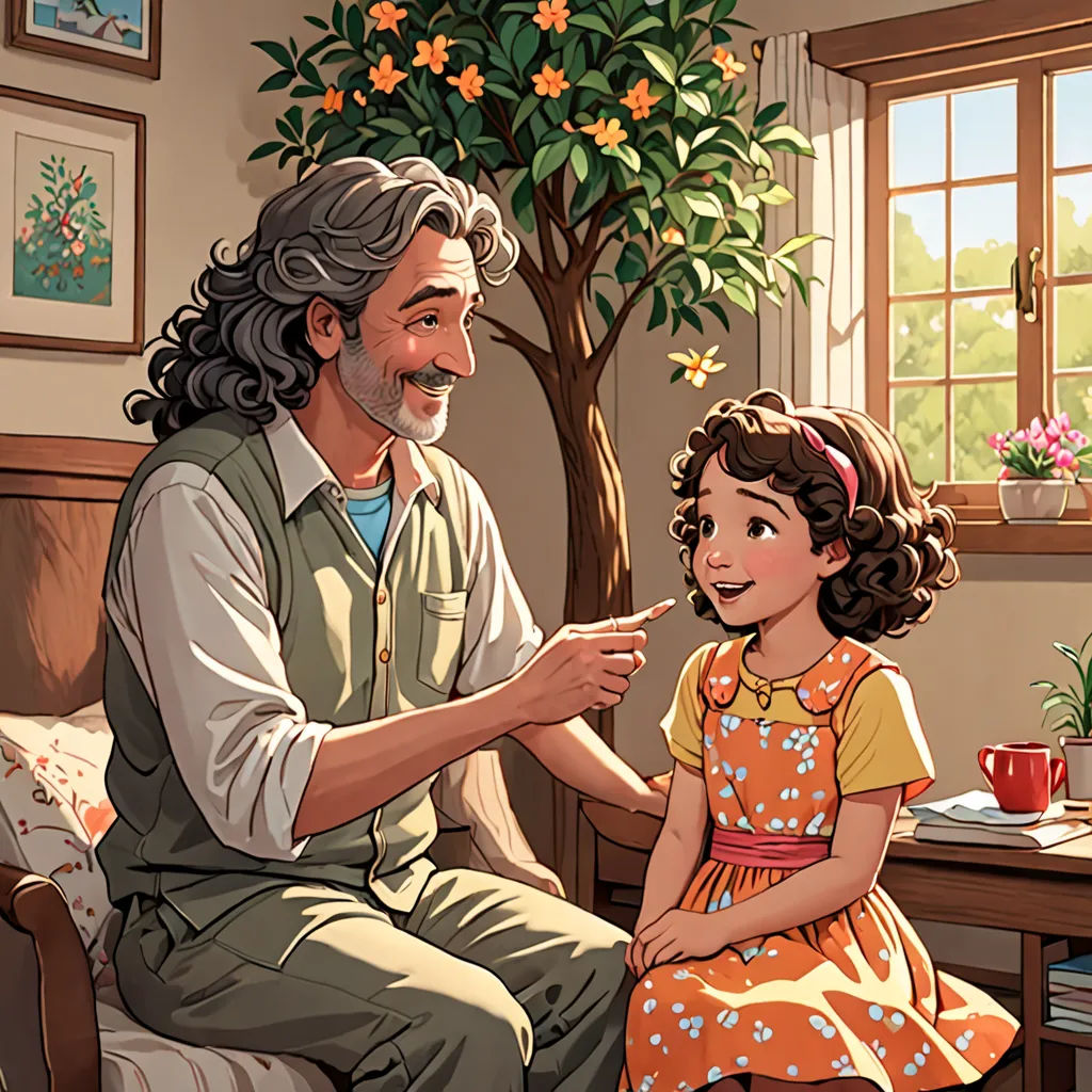 a man sitting next to a little girl in a room next to a tree and a window with flowers, american scene painting, a storybook illustration, Cliff Childs, storybook illustration