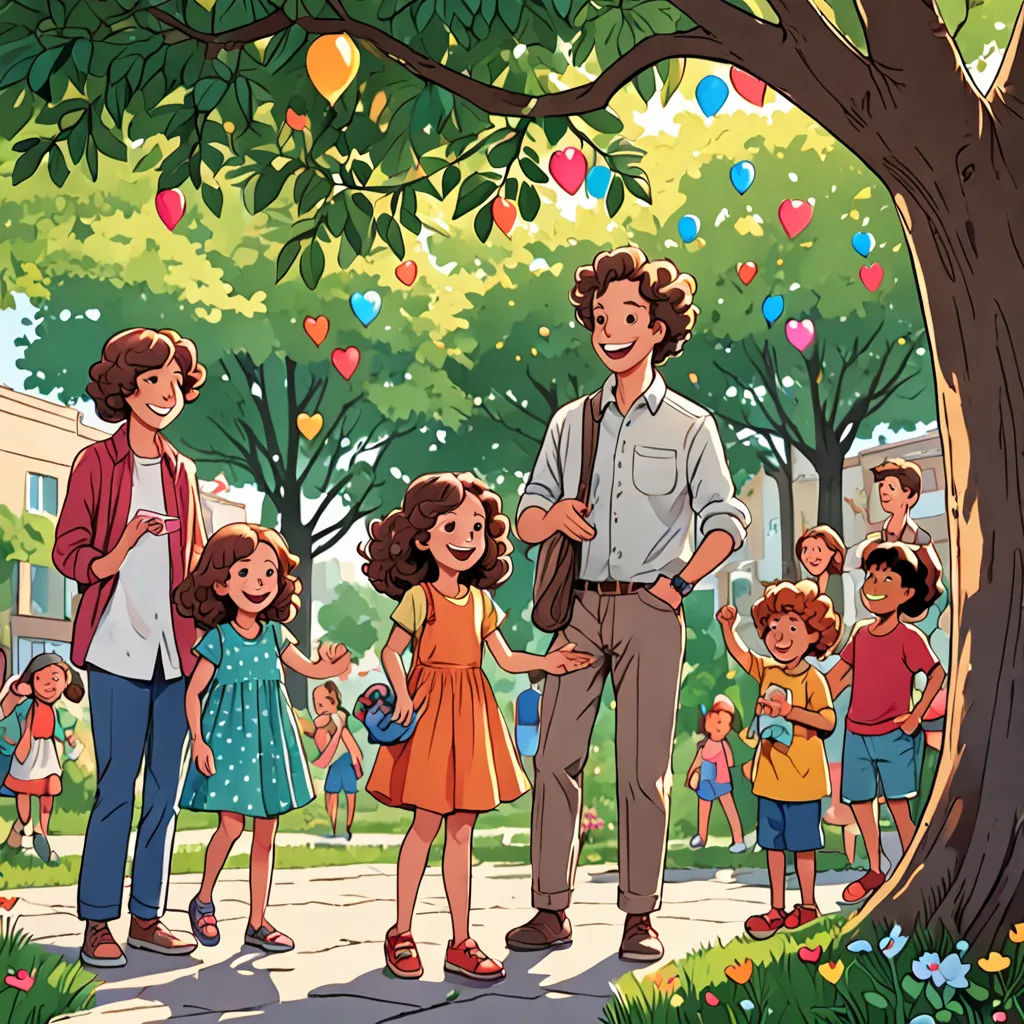a man standing in front of a group of children in a park with a tree and a building in the background, paris school, a storybook illustration, Asaf Hanuka, official art