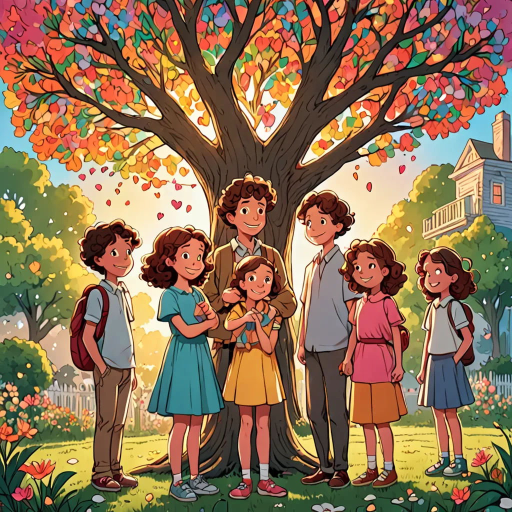 a family standing under a tree in a park with leaves on the tree and a house in the background, serial art, poster art, Diego Gisbert Llorens, official art