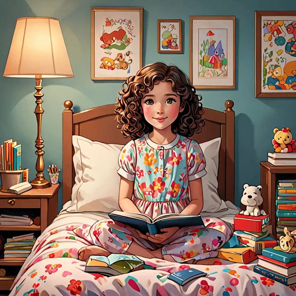 a girl sitting on a bed reading a book in a bedroom with a teddy bear and a lamp on the nightstand, fantasy art, a storybook illustration, Clarice Beckett, storybook illustration