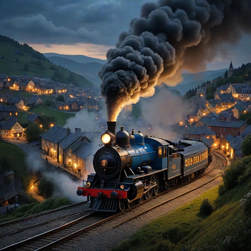 a train is traveling down the tracks near a town at night time with a lot of smoke coming out of it, a detailed matte painting, Evgeny Lushpin, fantasy art, cinematic matte painting