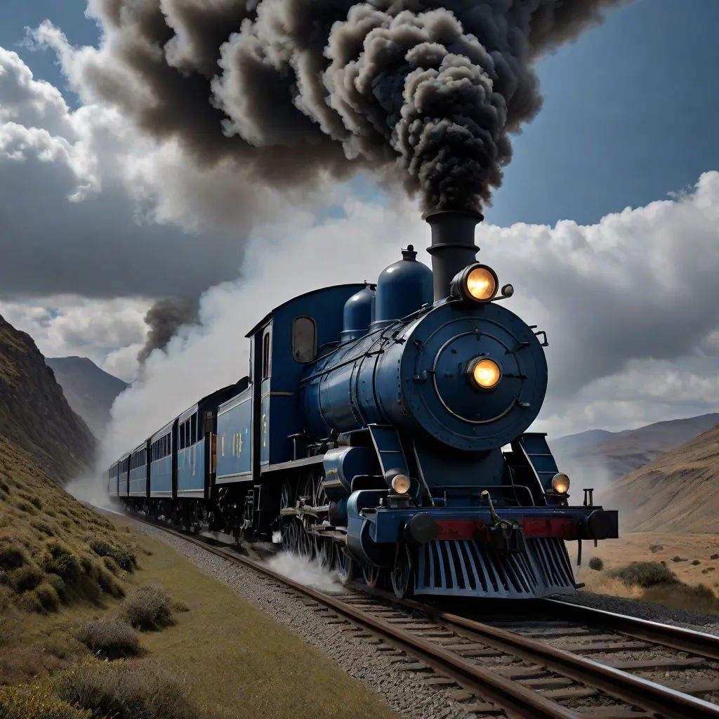 a train is traveling down the tracks with smoke coming out of it's stacks and smoke billowing out of it, a detailed matte painting, Art Brenner, photorealism, highly detailed digital painting