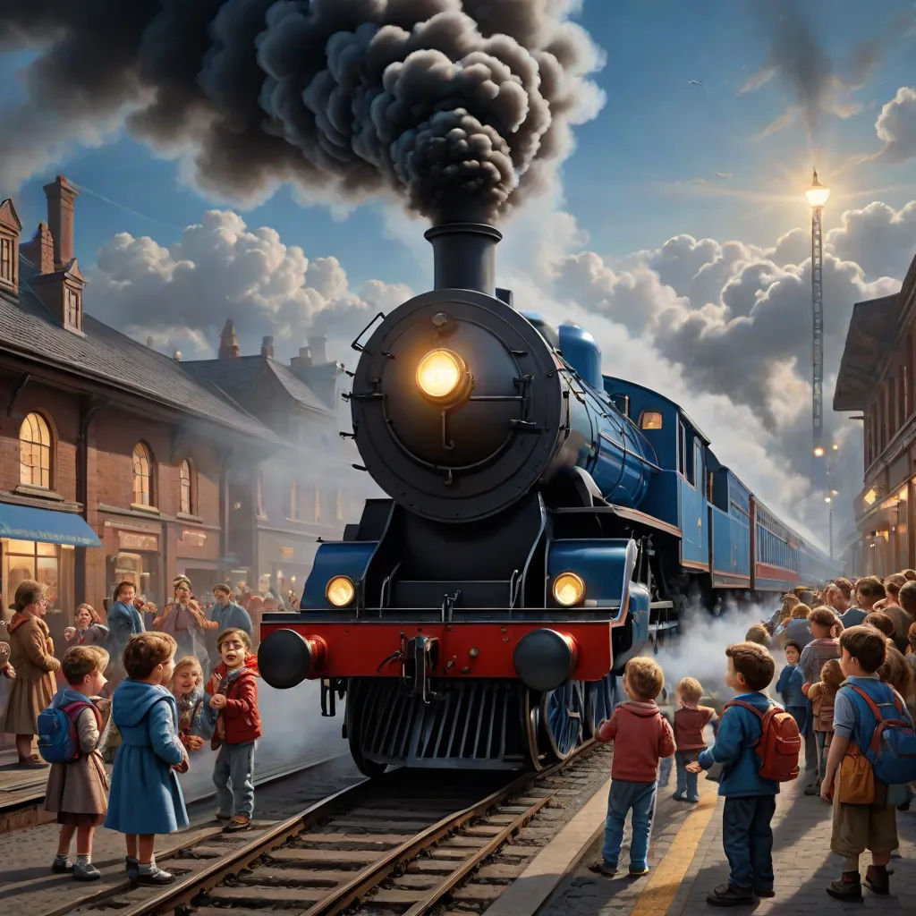 a painting of a train with a lot of people standing around it and a train on the tracks with smoke coming out of it, a detailed matte painting, Evgeny Lushpin, american scene painting, highly detailed digital painting