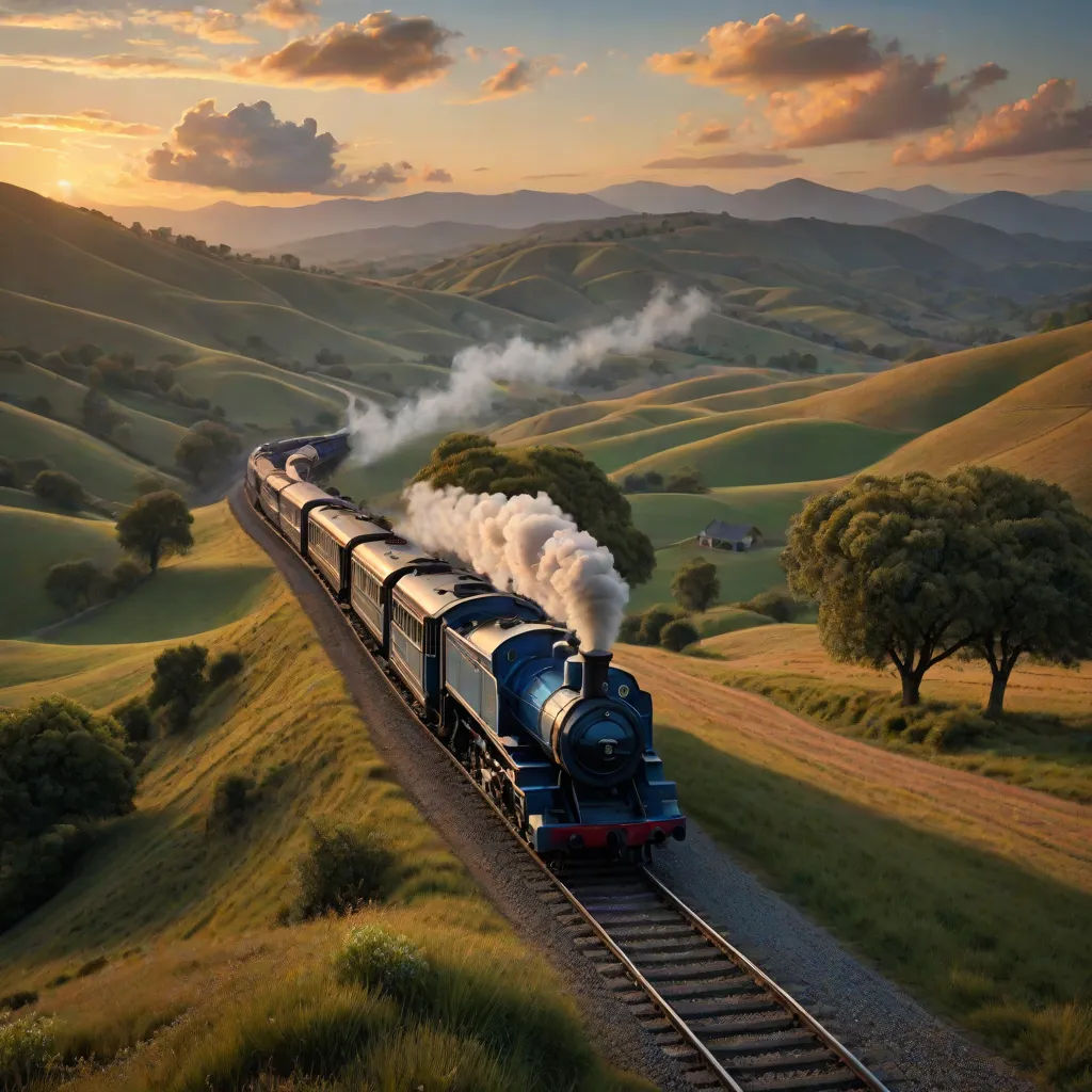 a train traveling through a lush green countryside under a cloudy sky with a sunset behind it and a green hillside, a detailed matte painting, Evgeny Lushpin, art photography, award-winning photograph