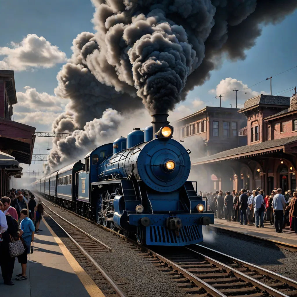 a train is coming down the tracks with smoke billowing out of it's stacks as people watch, a detailed matte painting, Evgeny Lushpin, photorealism, highly detailed digital painting