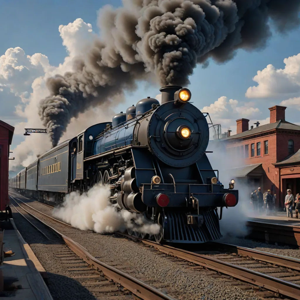 a train is coming down the tracks with smoke coming out of it's stacks and smoke billowing out of it, a detailed matte painting, Evgeny Lushpin, american scene painting, highly detailed digital painting