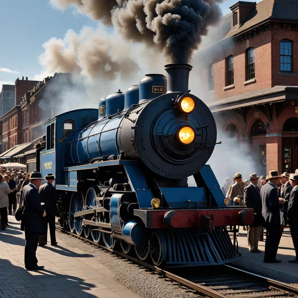 a train is on the tracks with people standing around it and people standing around it watching it on a sunny day, a colorized photo, Evgeny Lushpin, american impressionism, dieselpunk