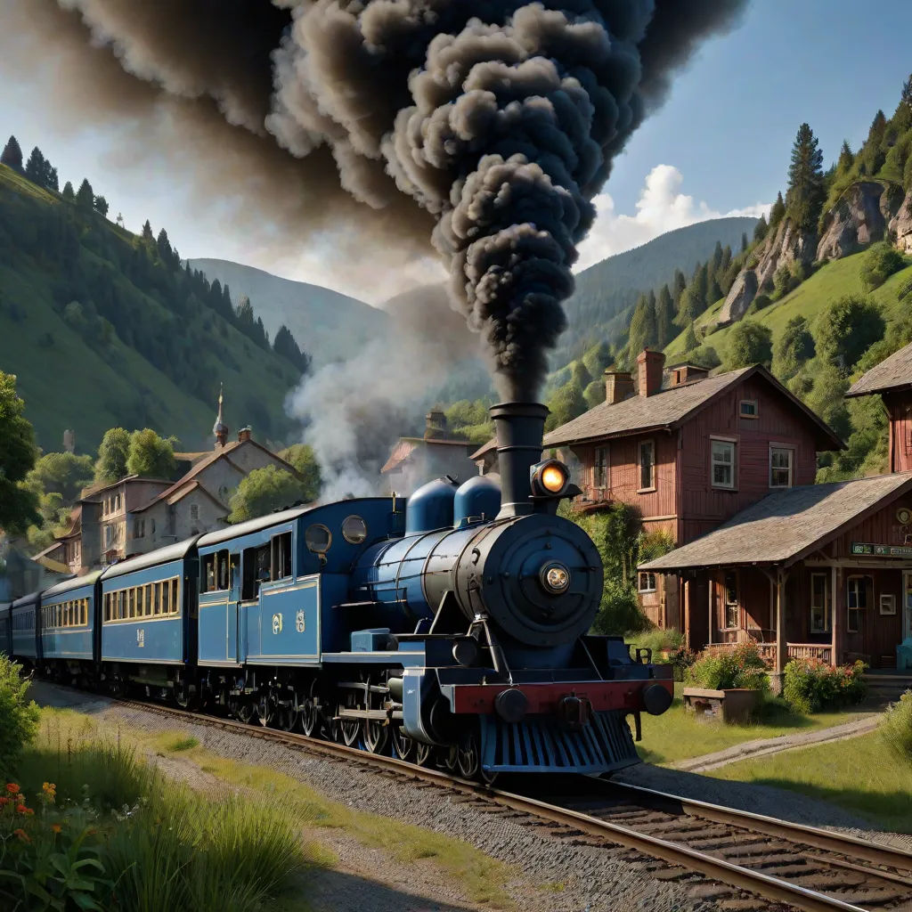 a train is traveling down the tracks near a mountain village and houses with smoke pouring out of it's stacks, a detailed matte painting, Evgeny Lushpin, american scene painting, highly detailed digital painting