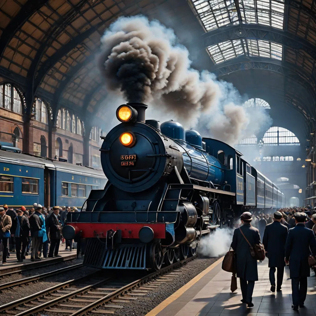 a train is coming down the tracks in a station with people walking around it and a train is coming up the tracks, a detailed matte painting, Evgeny Lushpin, photorealism, cinematic photography