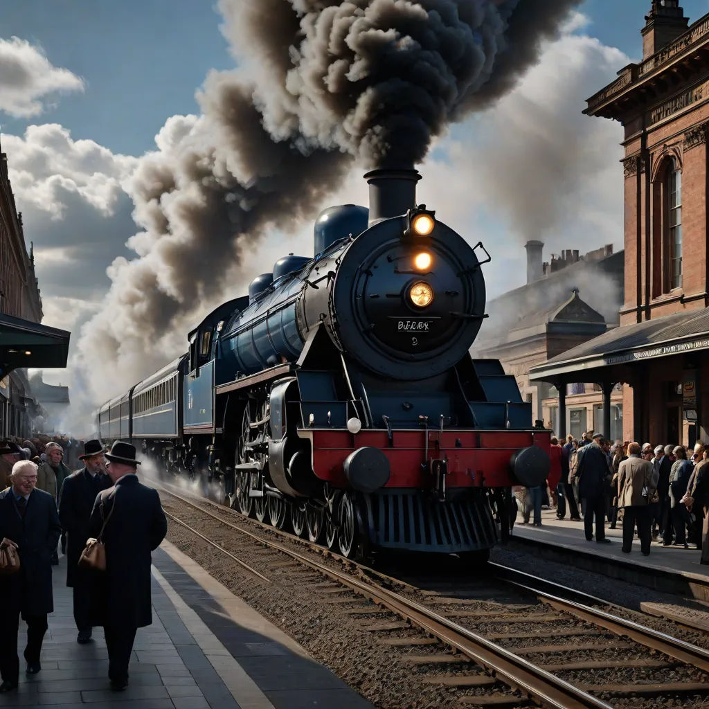 a train is coming down the tracks with people standing on the side of the tracks watching it go by, a detailed matte painting, Evgeny Lushpin, photorealism, cinematic photography